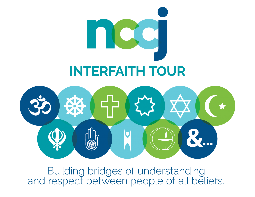 Interfaith Tour Logo Logo for NCCJ Interfaith Calendar with bluish-green colors, symbols, and text stating "Interfaith Tour. Building bridges of understanding and respect between people of all beliefs."